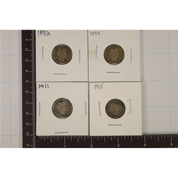 1893, 1898, 1911 & 1915 SILVER BARBER DIMES