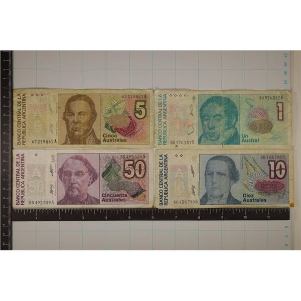 4 ARGENTINA BANK NOTES:1 AUSTRAL, 5 AUSTRALES,