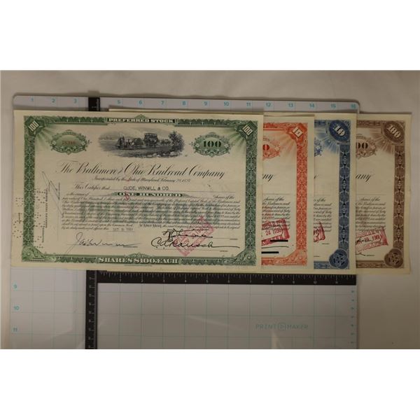 4 VINTAGE STOCK CERTIFICATES BALTIMORE AND OHIO