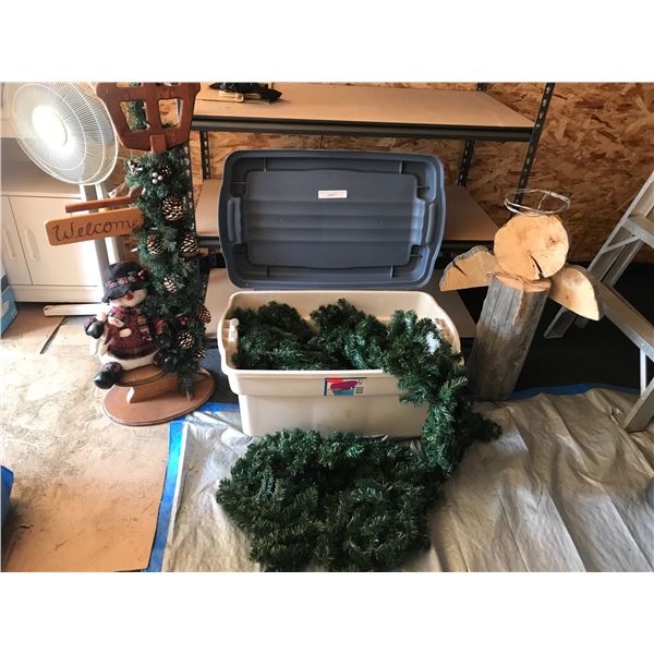 Lg Welcome Snowman Ornament, Angel Wood Decoration, 2 Rubbermaid Tote w Garland, Silk Flowers & Plan