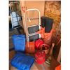 Image 1 : 3 Step White Ladder, Tarps, Shovel, Rakes, Metal & Plastic Gas Cans, 2 Rugs, Corn Wisk & Broom etc