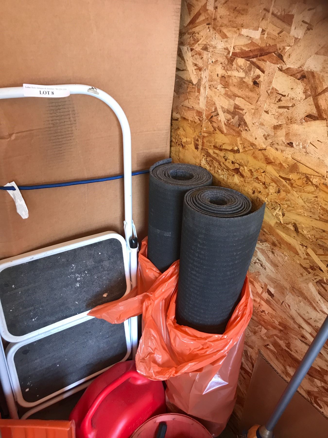 3 Step White Ladder, Tarps, Shovel, Rakes, Metal & Plastic Gas Cans, 2 ...