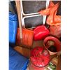 Image 4 : 3 Step White Ladder, Tarps, Shovel, Rakes, Metal & Plastic Gas Cans, 2 Rugs, Corn Wisk & Broom etc