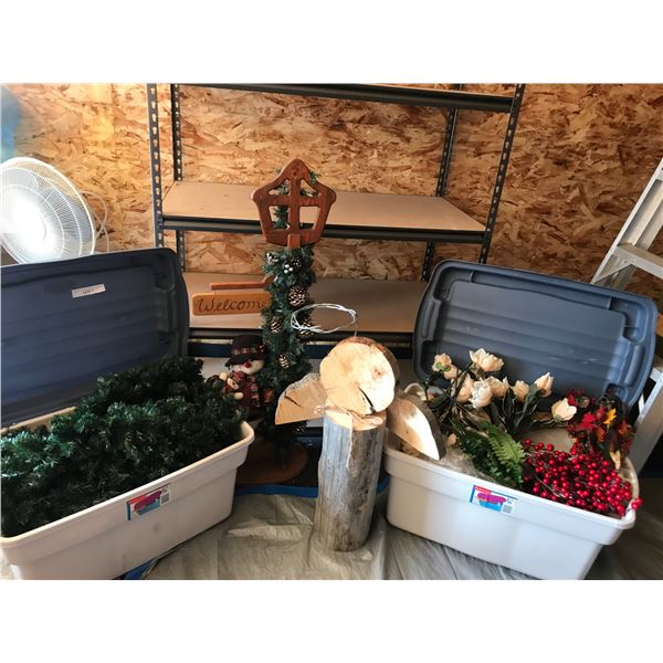 Two Metal Shelving Units, 2 Wood Rolling Platforms & 2 Large Totes