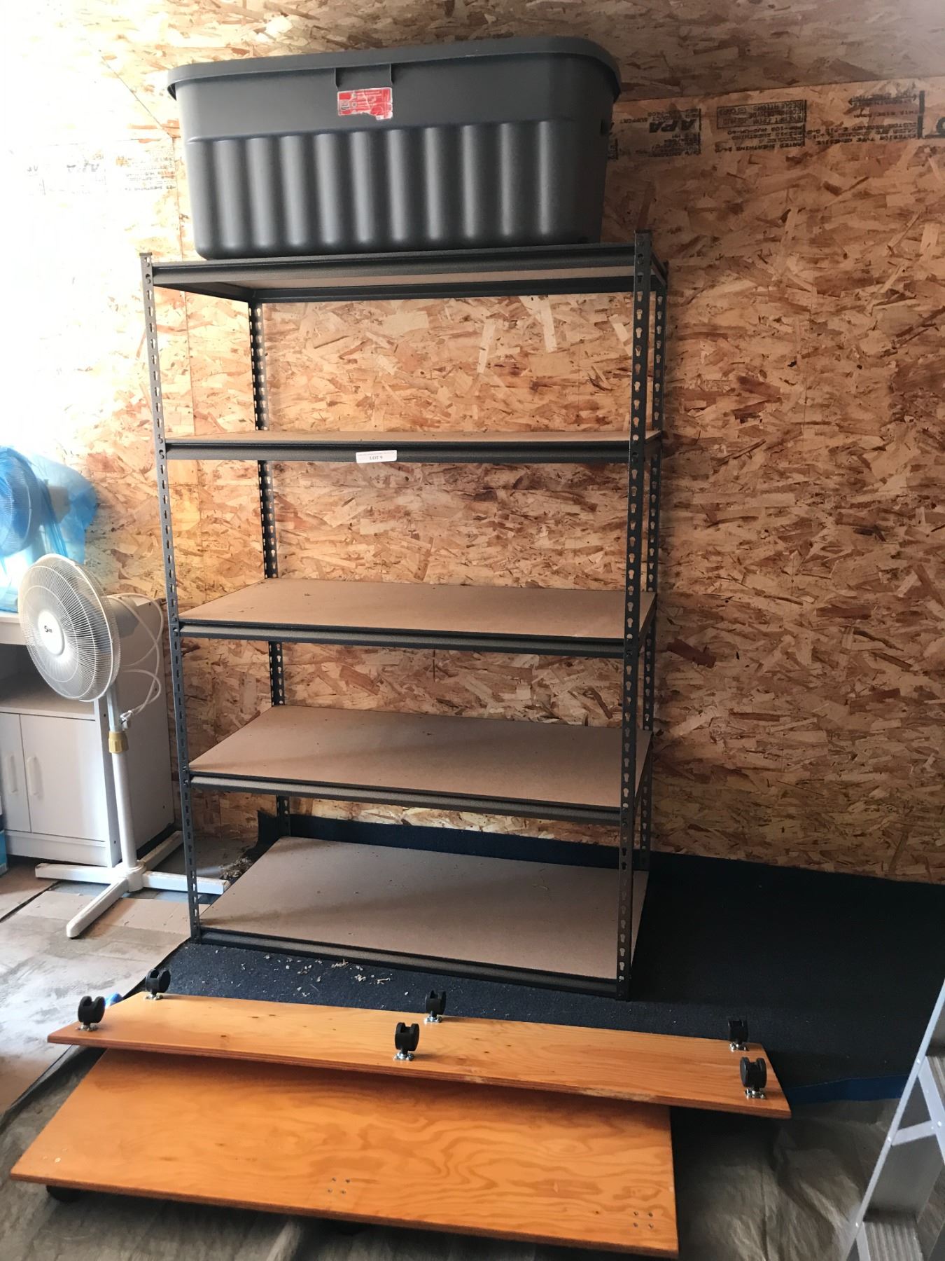 Two Metal Shelving Units, 2 Wood Rolling Platforms & 2 Large Totes