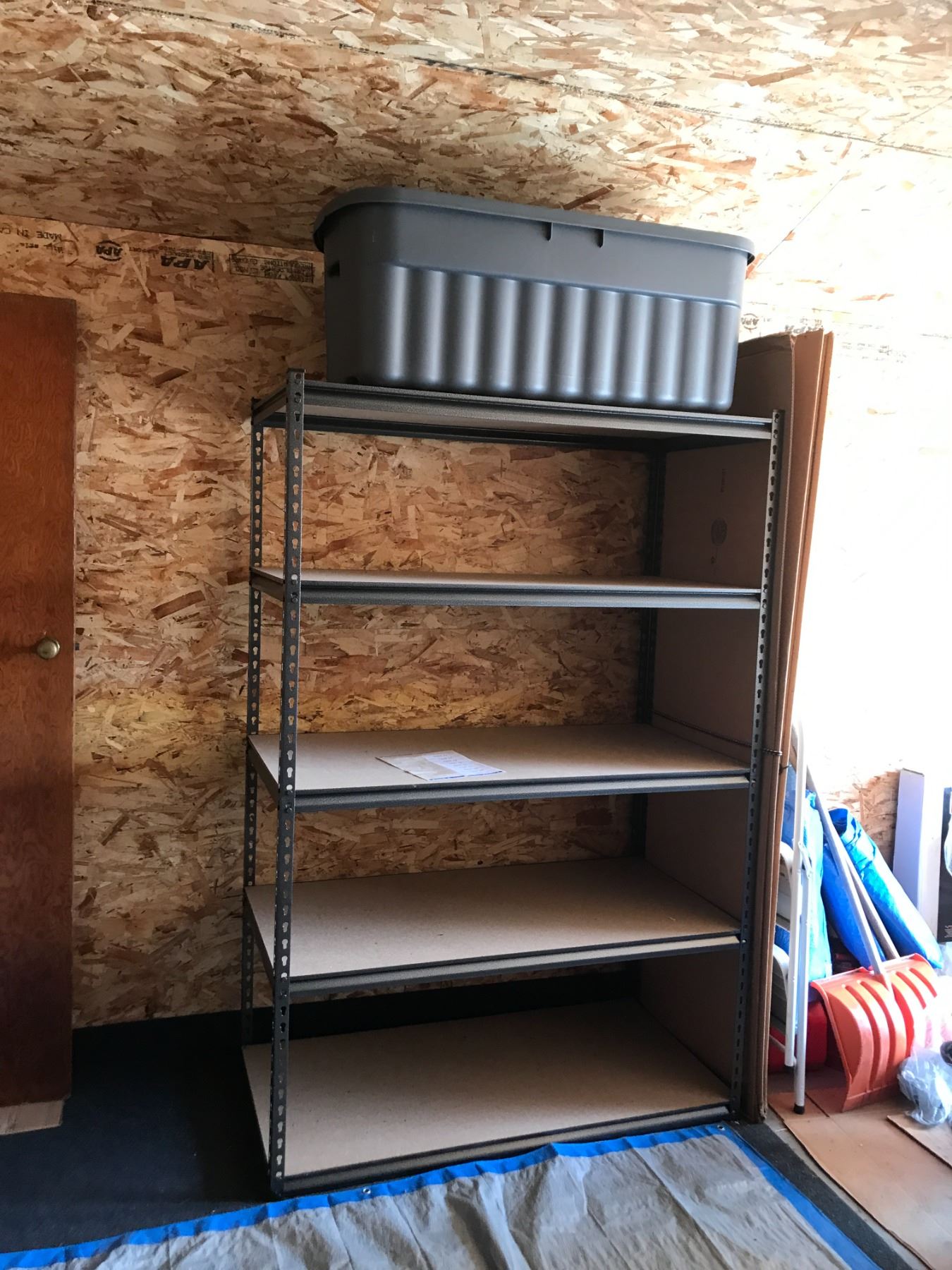 Two Metal Shelving Units, 2 Wood Rolling Platforms & 2 Large Totes