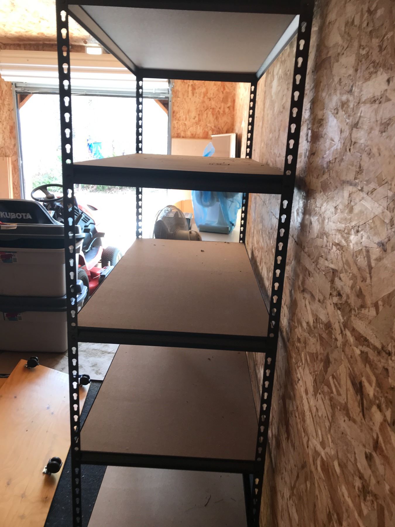 Two Metal Shelving Units, 2 Wood Rolling Platforms & 2 Large Totes