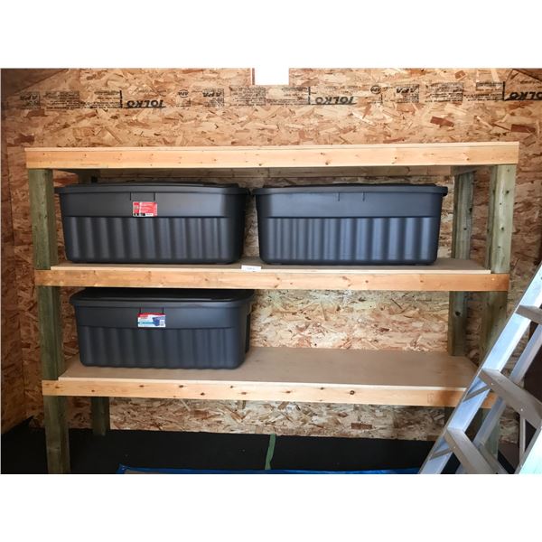 Wood Shelving Unit & 3 Grey Totes