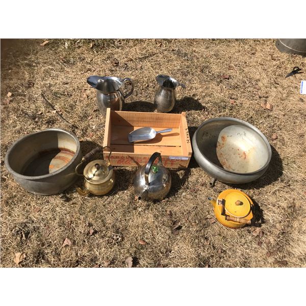 3 Kettles, Water Jugs, Creamer Basin & BC Wood Fruit Box