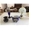 Image 1 : Brass & Glass Lamp, Cobalt Blue Oil Lantern, Black & Gold Floral Vase, Lovely Blue w Gold Accent Bow