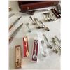 Image 4 : Lg Variety of Teaspoons, Knives, Wood Velvet Lined Cutlery Box, Black & White Quality Grocers Bowl &