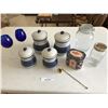 Image 1 : Blue & White Canister Set, Canning Jars, Tin Box, 2 Cobalt Blue Wine Glasses & Candle Snuffer