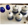 Image 2 : Blue & White Canister Set, Canning Jars, Tin Box, 2 Cobalt Blue Wine Glasses & Candle Snuffer