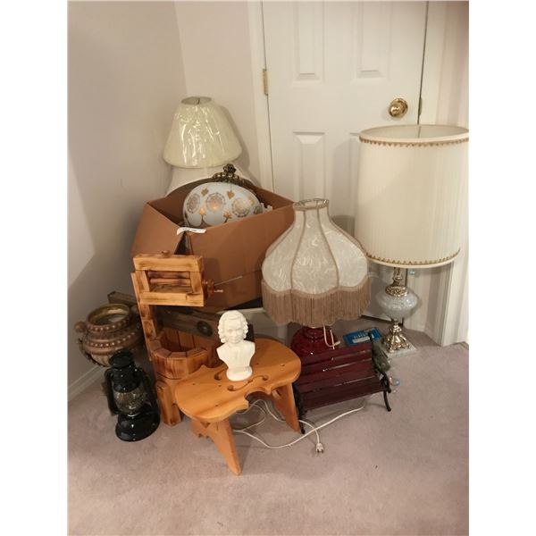 Oil Lamp, Violin Shaped Stool, Mozart Bust, Miniature Bench, Two Lamps (1 w Marble Base), Lamp Shade