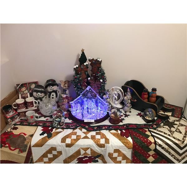 Acrylic Light-up Manger on Wood Base, Mugs, Snow Globes, Variety of Snowman Figurines,  Angel, & Chr