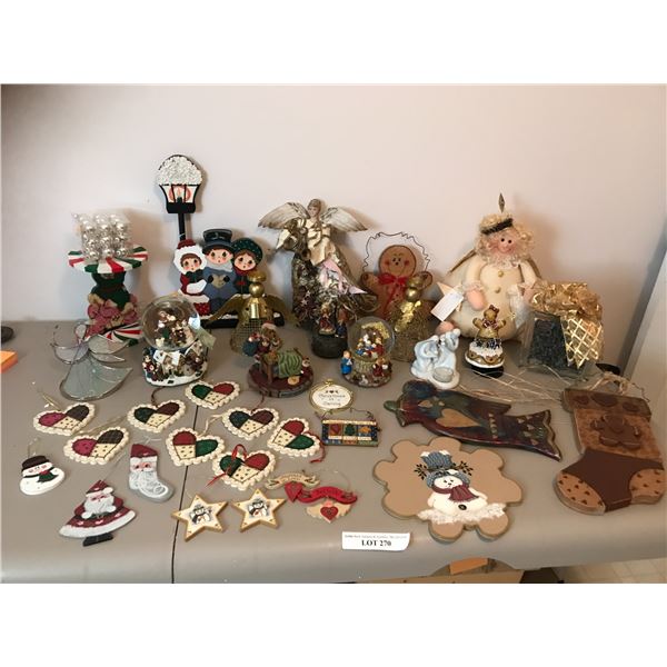 Christmas Themed Items incl wood Angel, Snowman, Santa Clauses, Christmas Stocking, Hearts, Caroller