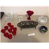 Image 1 : Wrought Iron Tealight Holder, Crystal Bowl, Red Dish, Fenton Bowls & asst Tealight Holders