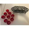 Image 3 : Wrought Iron Tealight Holder, Crystal Bowl, Red Dish, Fenton Bowls & asst Tealight Holders