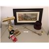 Image 1 : Brass Desk Lamp, Halogen Light, Wood Desk Carrier, Framed Farm Picture