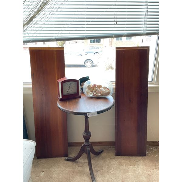 Floating Wooden Wall Shelves And Vintage Side Table With Accessories