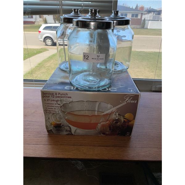 Set Of Large Storage Jars And Ornate Glass Punch Set