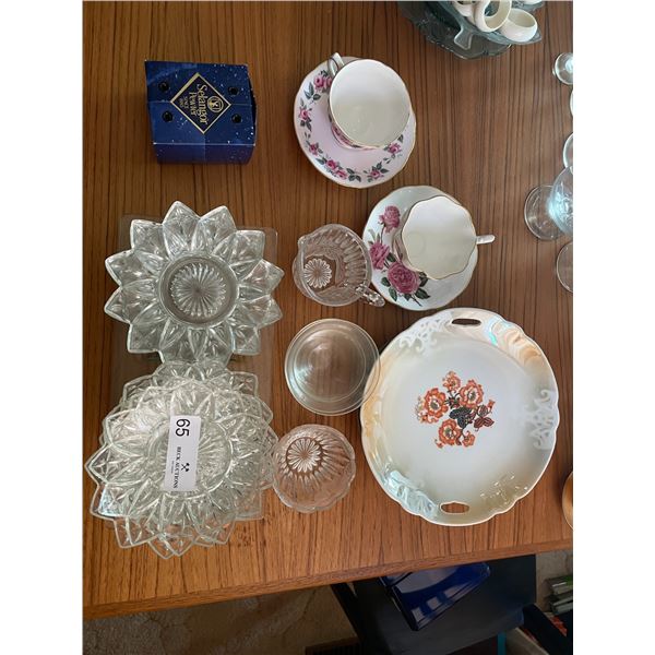 Collection Of Decorative Glass Plates And Two Assorted Tea Cups With Saucers