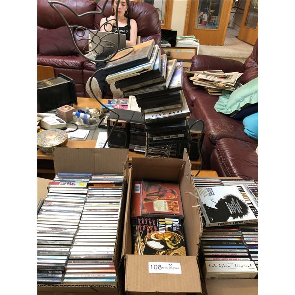 Large Assortment Of CDs and DVDs With Decorative Cat CD Holder