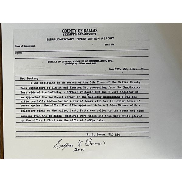 JFK Assassination Eugene Boone signed report