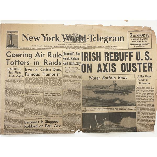 WWII 1944 New York World Telegram Original Vintage Newspaper WWII 1944 New York World Telegram Original Vintage Newspaper