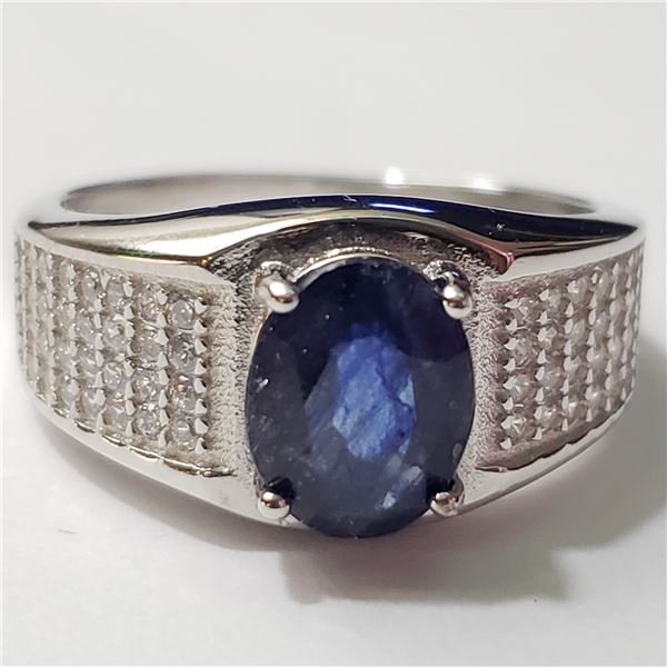 SILVER RHODIUM PLATED SAPPHIRE(3CT) RING (~SIZE 8)