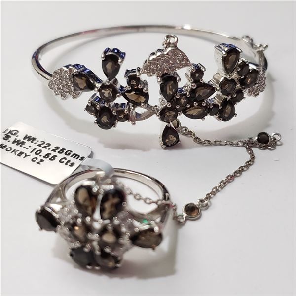 SILVER SMOKEY QUARTZ(10.55CT) BRACELET &