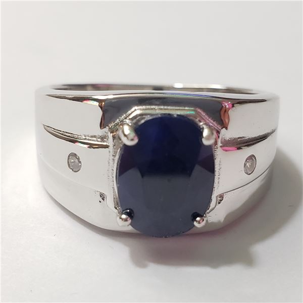 SILVER RHODIUM PLATED SAPPHIRE(3CT) RING (SIZE 10)