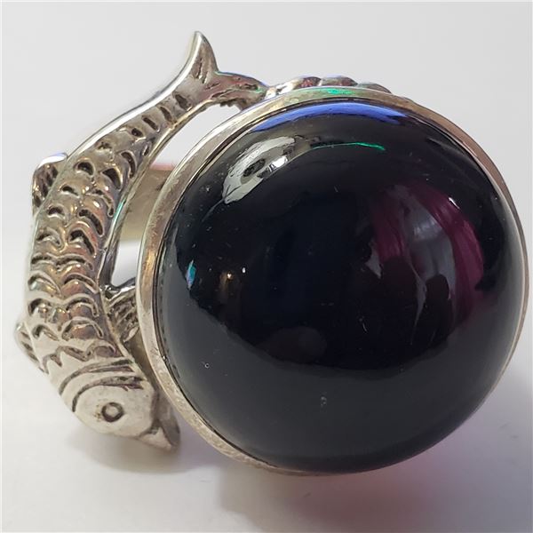 SILVER BLACK ONYX  RING (~SIZE 8)(~WEIGHT 20.58G)