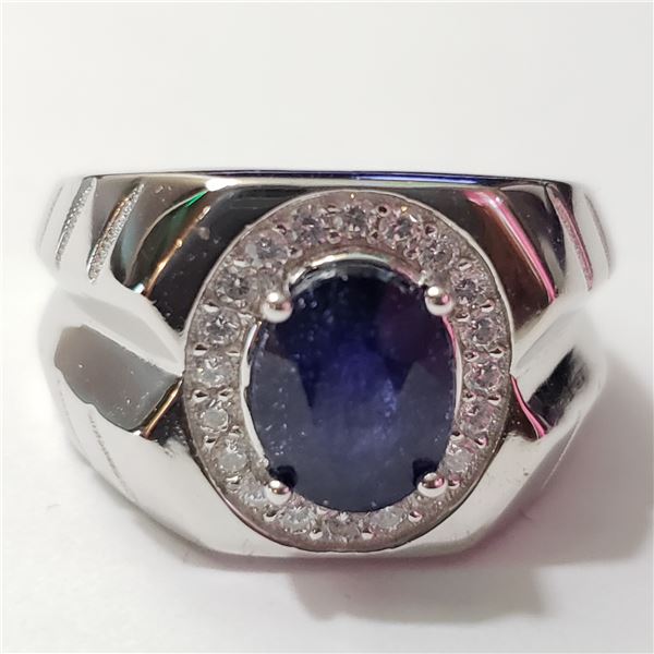 SILVER RHODIUM PLATED SAPPHIRE(3CT) RING (~SIZE 9)