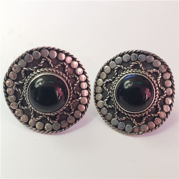 SILVER BLACK ONYX  EARRINGS(~WEIGHT 7.49G)