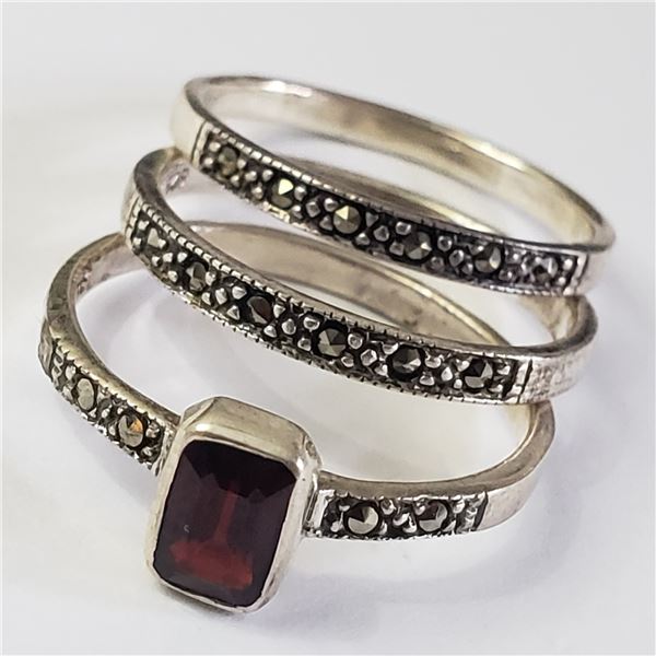 SILVER 3 STACKINGS GARNET MARCASITE RING