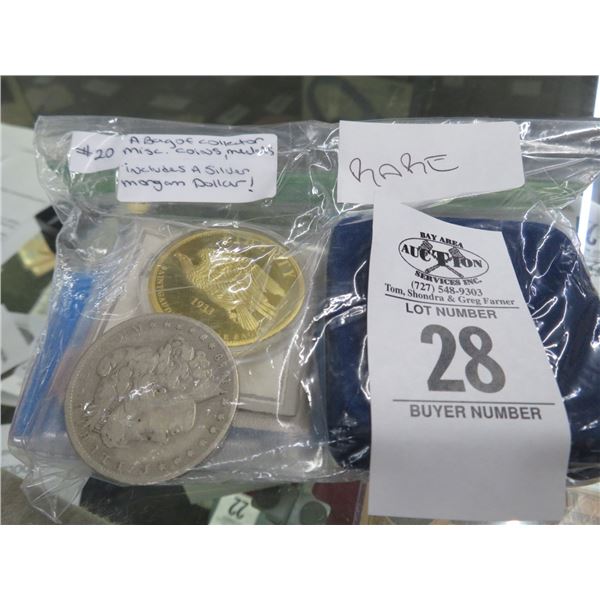 Bag of Misc. Medals and Coins Including a Silver Morgan Dollar