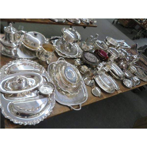 Large Lot of Silverplate Platters, Tea Pots, Pictures & Bowls