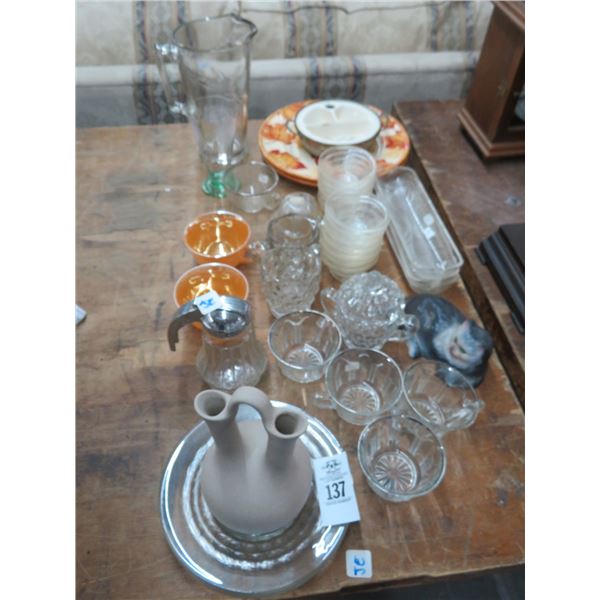 Etched Glass Pitcher, Divided Dish and Glass Cups