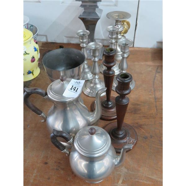 Mixed Metal Tea Pots and Candle Stands