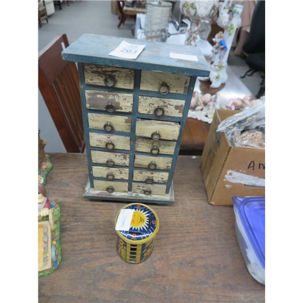 Vintage Wood Jewelry Chest and Tin Quarter Bank