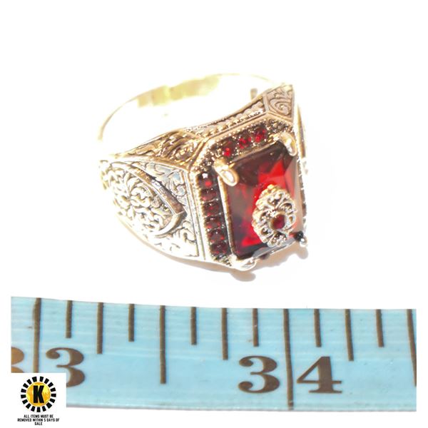 RUBY RED ZIRCON RING EMBROIDERED SIZE 10  NEW