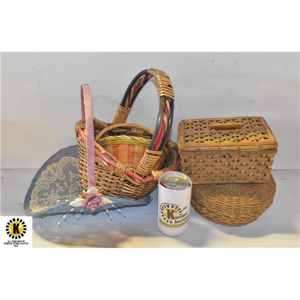 5 HAND WOVEN REED & ASSTD BASKETS. ESTATE