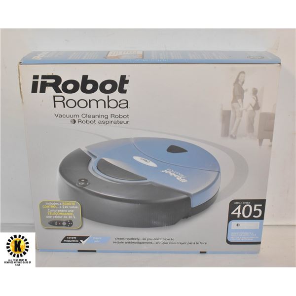 i ROBOT ROOMBA VACUUM CLEANING ROBOT IN BOX.