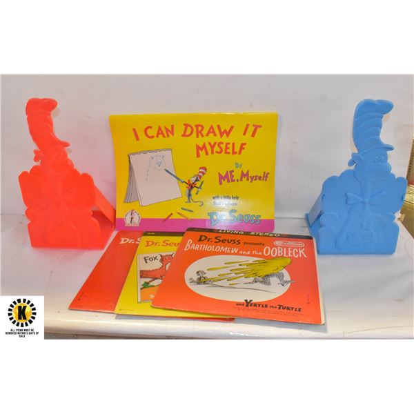 DR SUESS COLLECTION - 3 LP RECORDS, 2 BOOK RACKS &