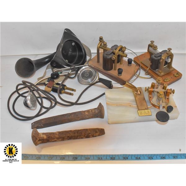 2 ANTIQUE RAILWAY TELEGRAPHS WITH HEADSET, DESK