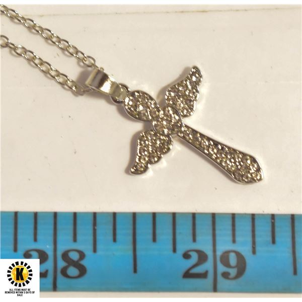 ANGEL STYLE CROSS WITH CLEAR STONES SILVER TONE