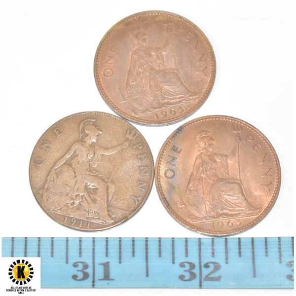 LOT OF 3 OLD GREAT BRITAIN LARGE PENNY COINS