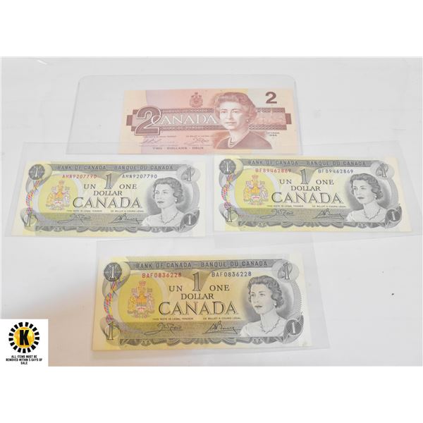 1973-1986 LOT OF 4 CANADA $1 AND $1 DOLLAR NOTES