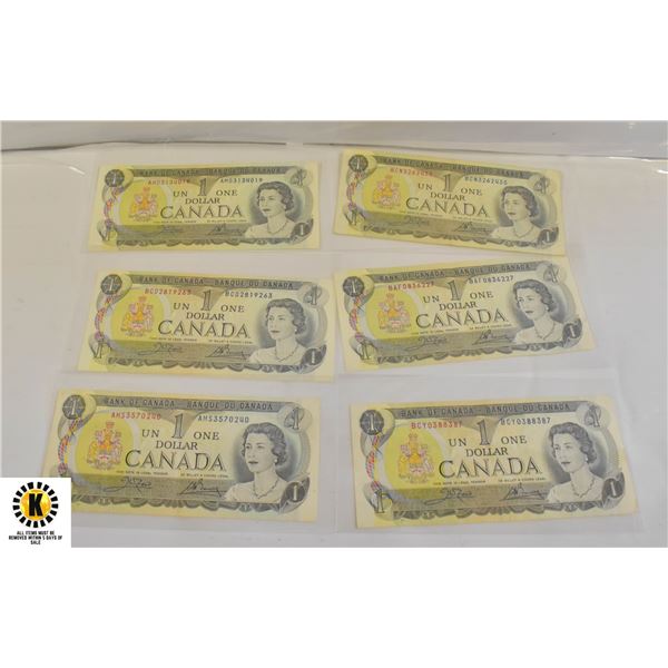 1973 LOT OF 5 BANK OF CANADA $1 DOLLAR NOTES